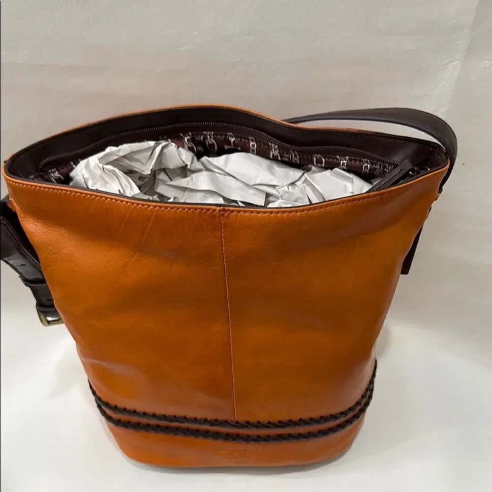Tignanello Orangish Brown Leather Hobo Bag Purse Dark Brown Accents 13 X 13 In